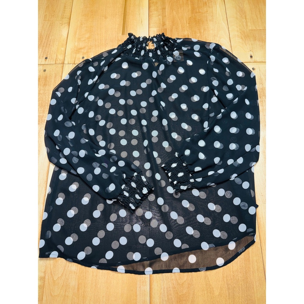 Torrid Black White Polka Dot Sheer Mock Neck Smocked Long Sleeve Blouse Top 0